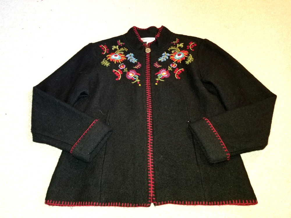 Womens Sweater/Jacket-ICELANDIC DESIGN-Coldwater Creek-black embro boiled wool-S